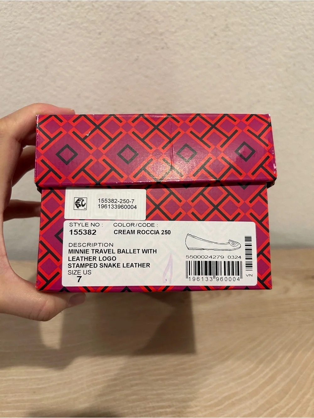 Tory Burch Minnie Travel Ballet Flats Cream Roccia Stamped Snake leather, Size 7